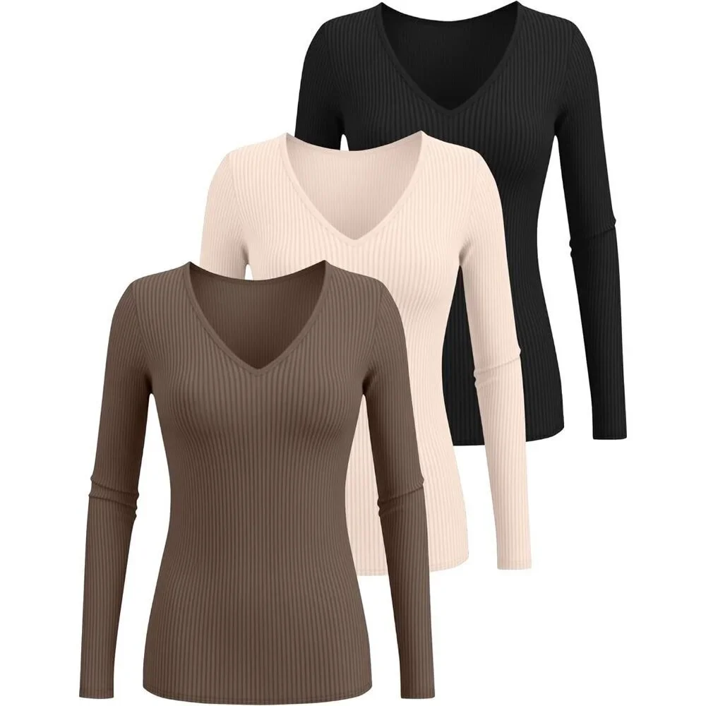 Women's Cotton V Neck Long Sleeve T Shirts 3 Pack Slim Fit Layering Basic